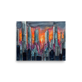 'City Skyline' — a Cubism,Abstract expressionism print. An abstract skyline of skyscrapers reflecting deep blues and fiery oranges at sunset, suited for a modern Loft / Attic.