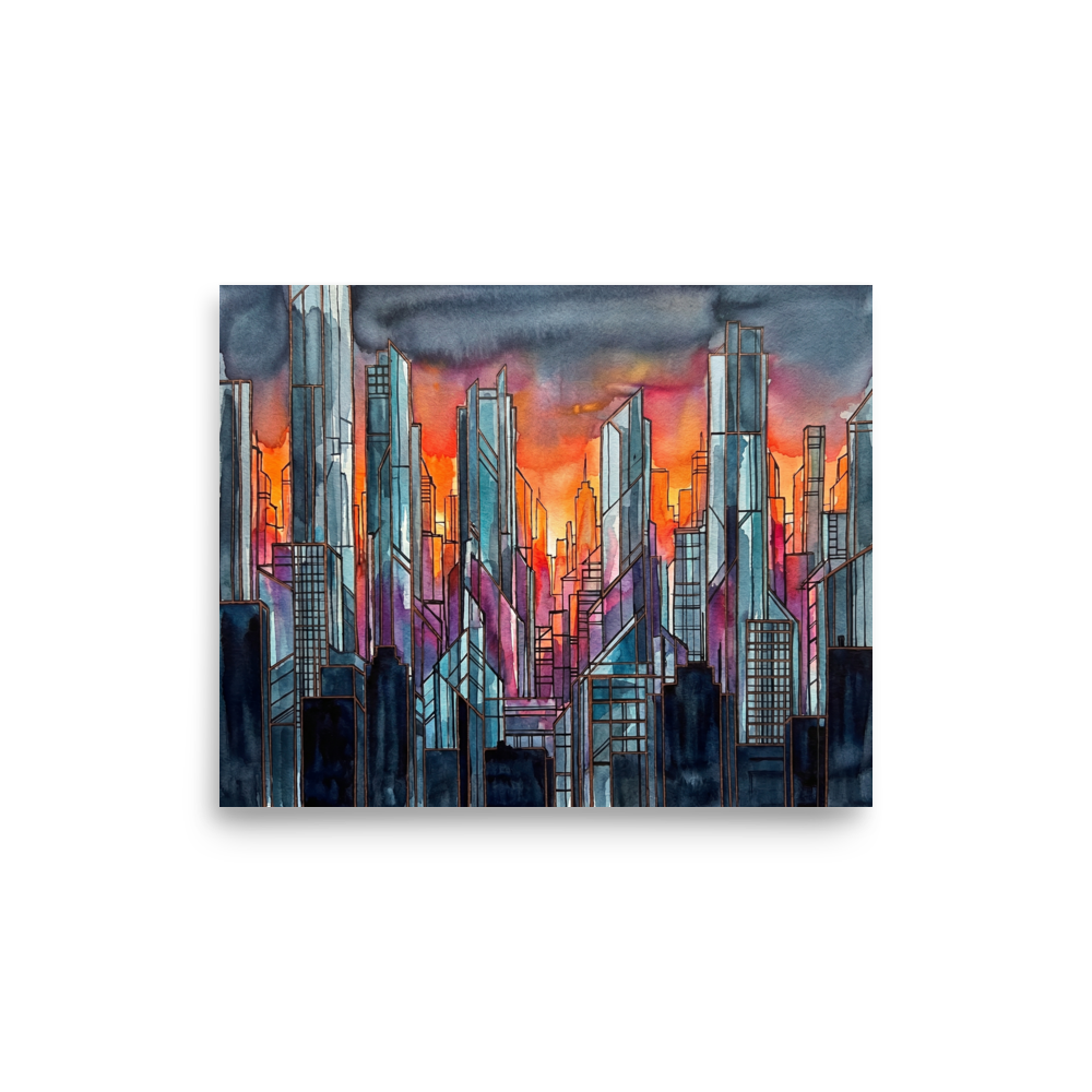 'City Skyline' — a Cubism,Abstract expressionism print. An abstract skyline of skyscrapers reflecting deep blues and fiery oranges at sunset, suited for a modern Loft / Attic.