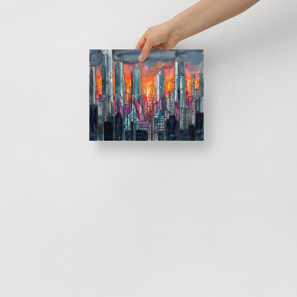 'City Skyline' — a Cubism,Abstract expressionism print. An abstract skyline of skyscrapers reflecting deep blues and fiery oranges at sunset, suited for a modern Loft / Attic.