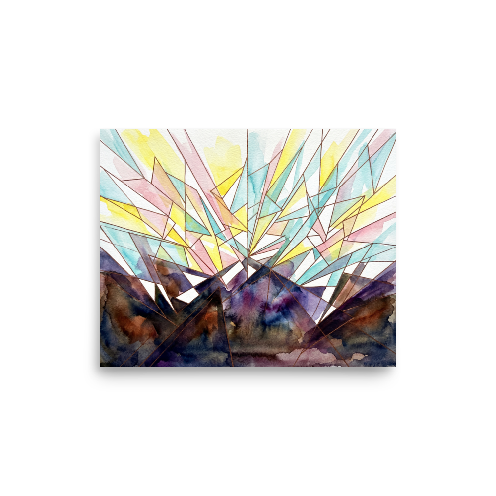 'Symphony' — a Geometric abstract art print. Abstract sunburst featuring delicate geometric shards of pastel and deep violet colors, ideal for a serene Meditation Room / Zen Space.