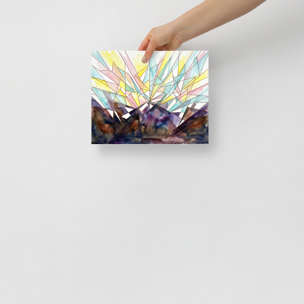 'Symphony' — a Geometric abstract art print. Abstract sunburst featuring delicate geometric shards of pastel and deep violet colors, ideal for a serene Meditation Room / Zen Space.