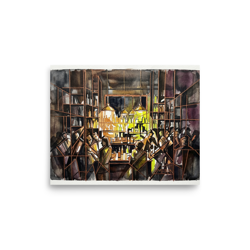 'The Bar at Midnight' — a Cubism print. A chaotic, abstract scene of patrons at a bar illuminated by an amber glow, perfect for a Home Bar / Cellar.