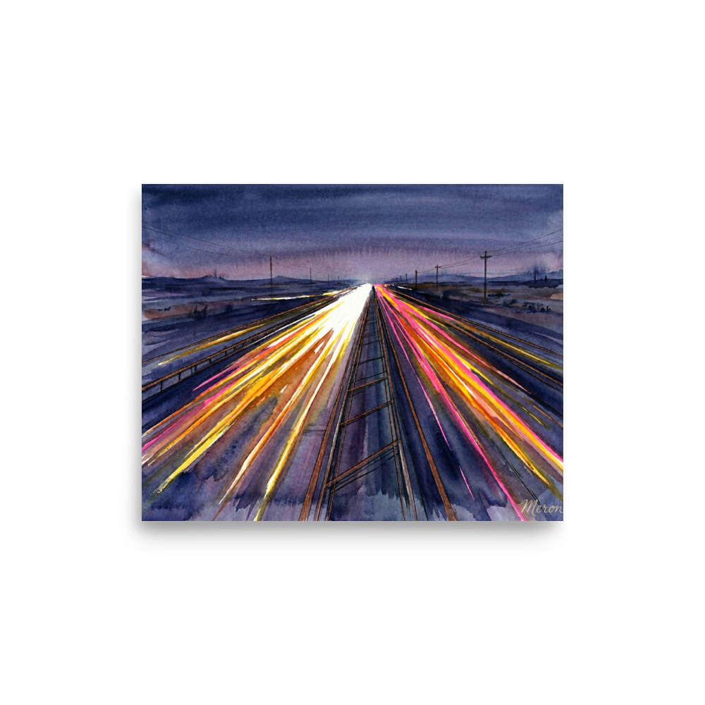 'The American Interstate' — a Futurism print. Long exposure style abstract of a highway at dusk with glowing neon light trails, suited for a Game Room or modern Living Room.