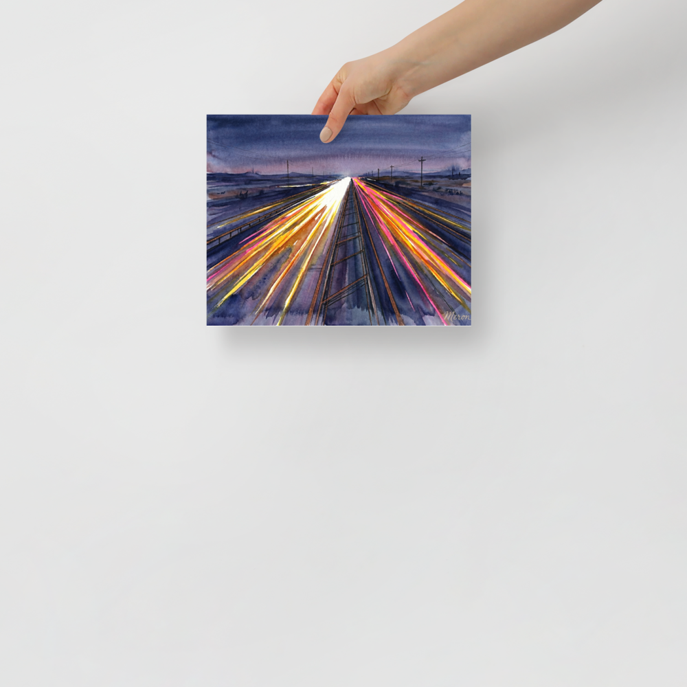 'The American Interstate' — a Futurism print. Long exposure style abstract of a highway at dusk with glowing neon light trails, suited for a Game Room or modern Living Room.