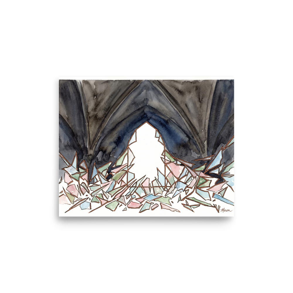 'The Shattered Window' — a Abstract expressionism print. Abstract illustration of an arched window with broken glass scattered on the ground, ideal for an Entryway or Library.