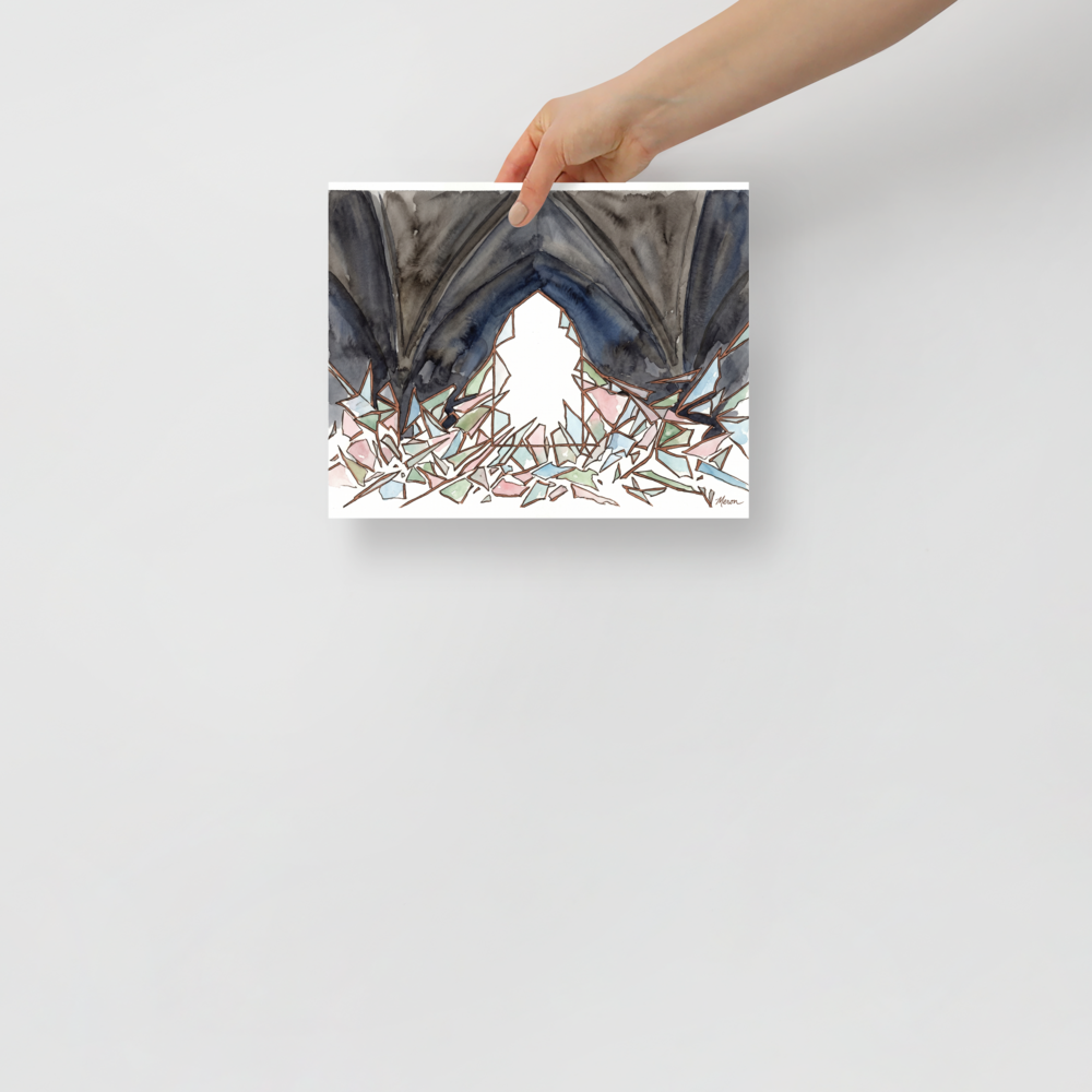 'The Shattered Window' — a Abstract expressionism print. Abstract illustration of an arched window with broken glass scattered on the ground, ideal for an Entryway or Library.
