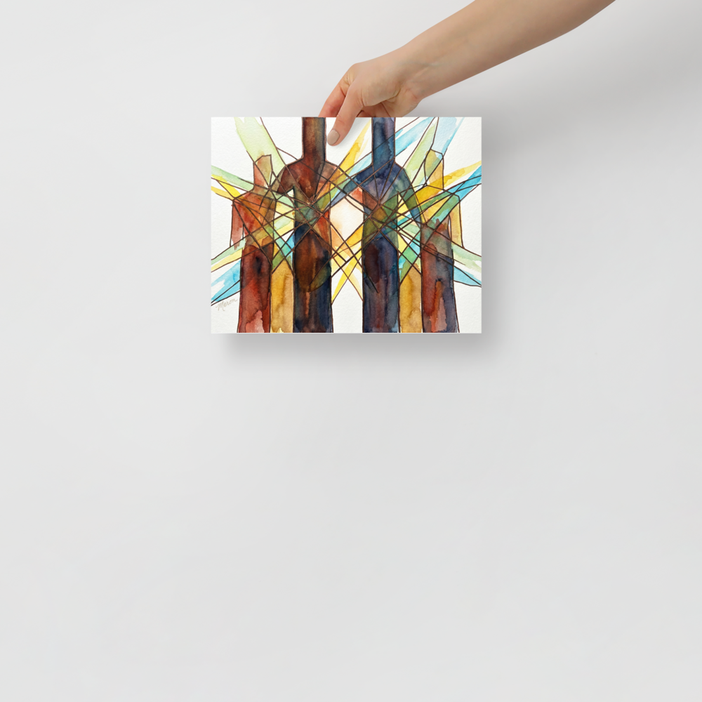 'Twin Babies Diptych' — a Geometric abstract art print. Abstract watercolor painting of two large intersecting translucent geometric pyramids, perfect for a modern Living Room or Bedroom.