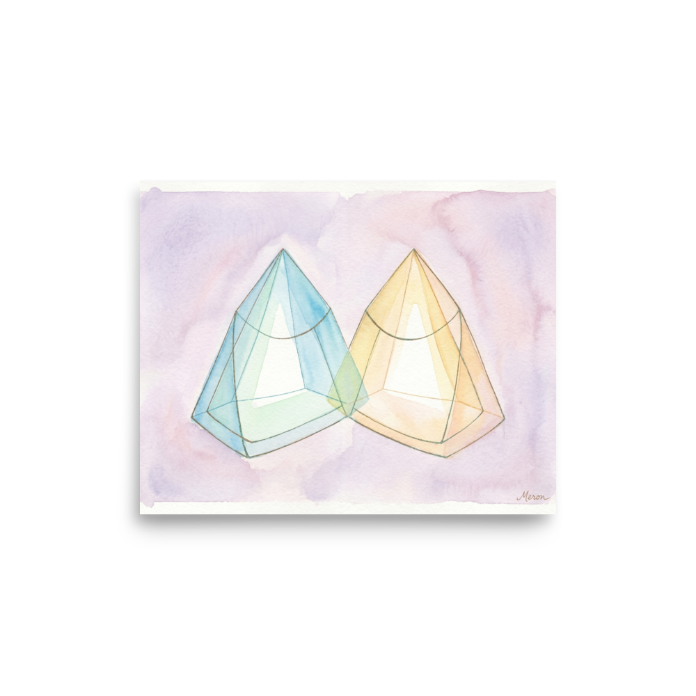 'The Sleeping Dog' — a Cubism print. A watercolor painting of a sleeping dog composed of faceted amber and brown shapes, perfect for a cozy Living Room or Bedroom.