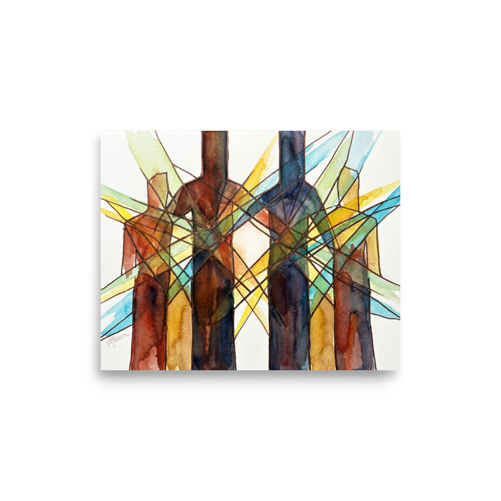 'Family Structure' — a Cubism print. Abstract watercolor of human figures connected by intersecting light rays, ideal for a Home Office or Creative Studio.