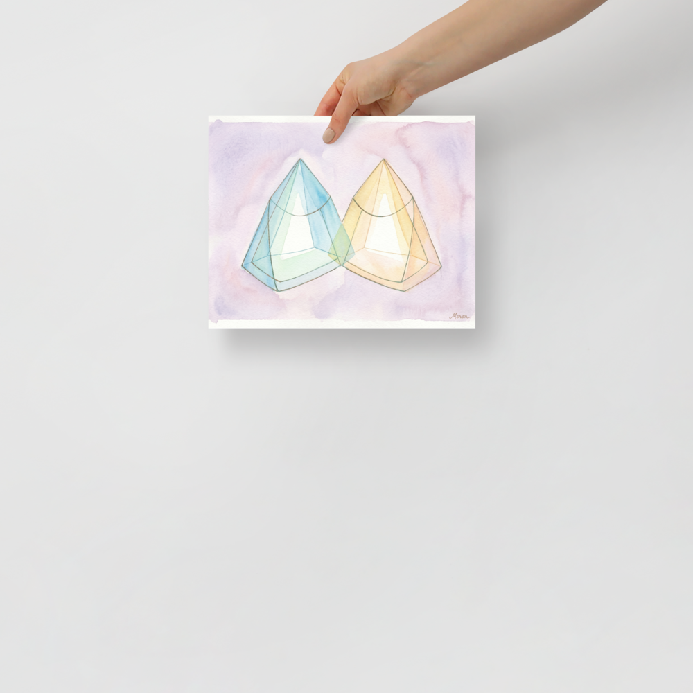 'Twin Babies Diptych' — a Geometric abstract art print. Abstract watercolor painting of two large intersecting translucent geometric pyramids, perfect for a modern Living Room or Bedroom.