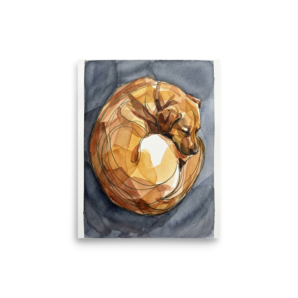 'The Sleeping Dog' — a Cubism print. A watercolor painting of a sleeping dog composed of faceted amber and brown shapes, perfect for a cozy Living Room or Bedroom.