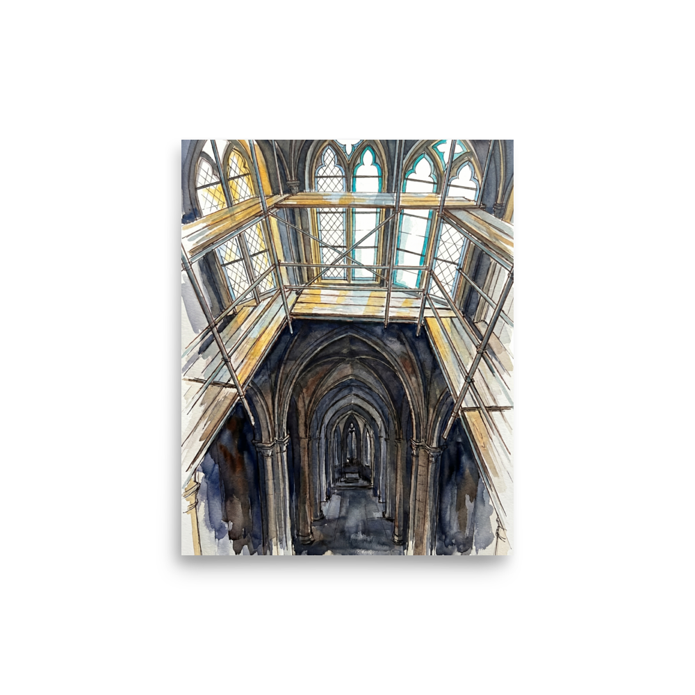 'The Scaffolding Apprenticeship' — a Realism,Abstract expressionism print. A watercolor illustration of an intricate gothic cathedral interior covered in wooden scaffolding, ideal for a Library or Office.