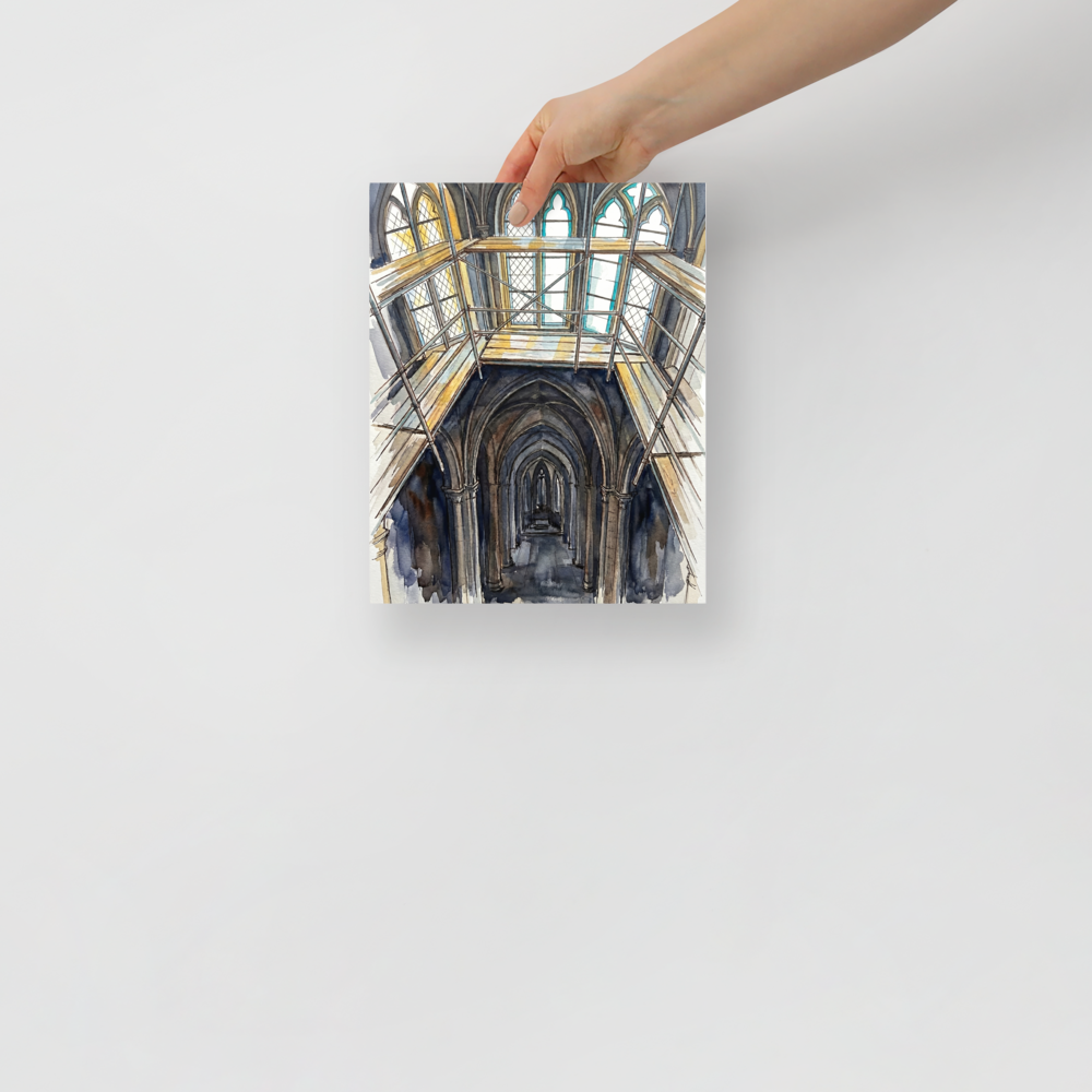 'The Scaffolding Apprenticeship' — a Realism,Abstract expressionism print. A watercolor illustration of an intricate gothic cathedral interior covered in wooden scaffolding, ideal for a Library or Office.