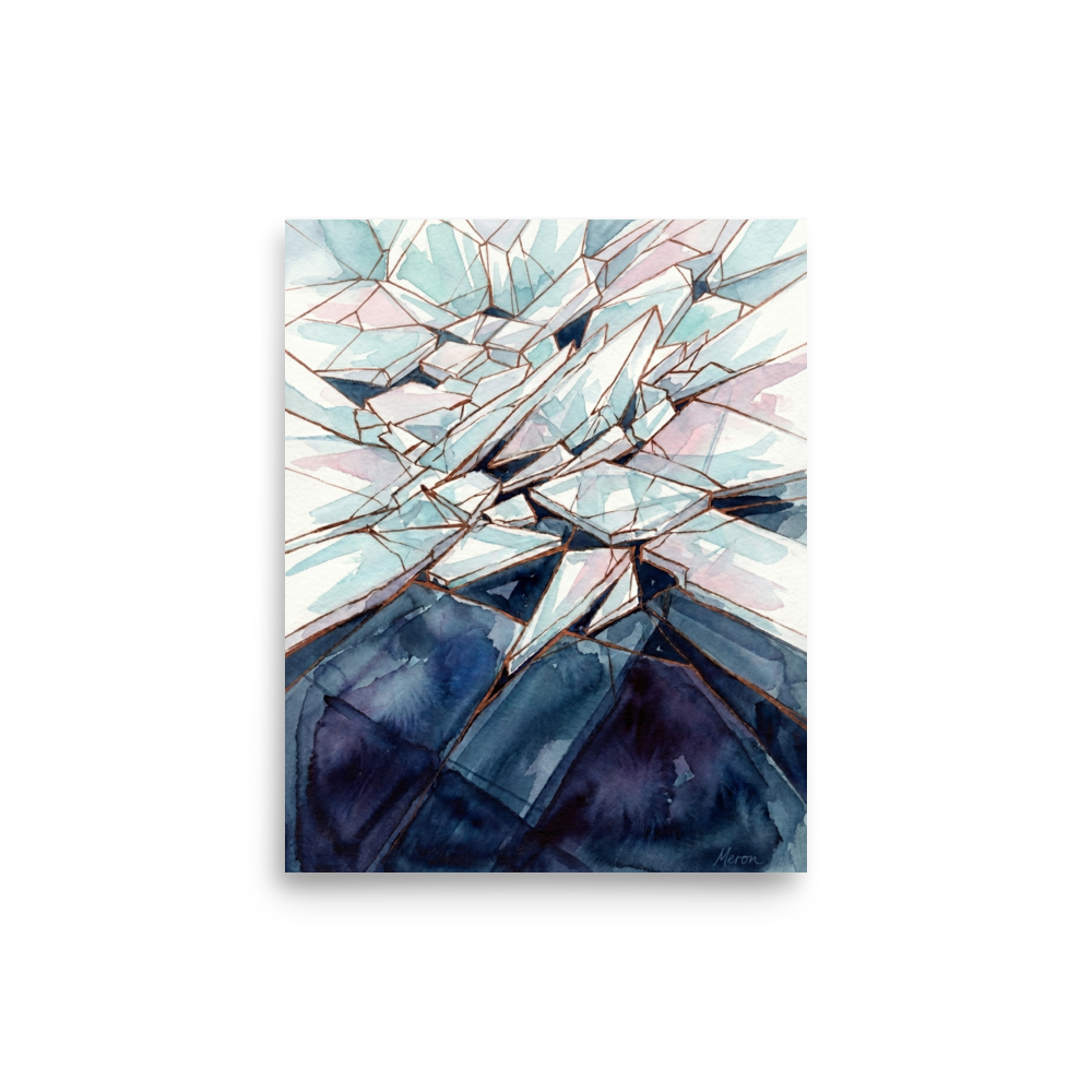 'Baltic Sea Ice Breaking' — a Abstract expressionism print. Abstract watercolor of violently shattered ice and jagged crystal shards, well-suited for a modern Office or Living Room.