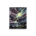 'Coastal Thunderstorm' — a Expressionism print. A watercolor painting of a massive lightning strike illuminating a dark coastal scene and distant lighthouse, perfect for a bold Living Room.