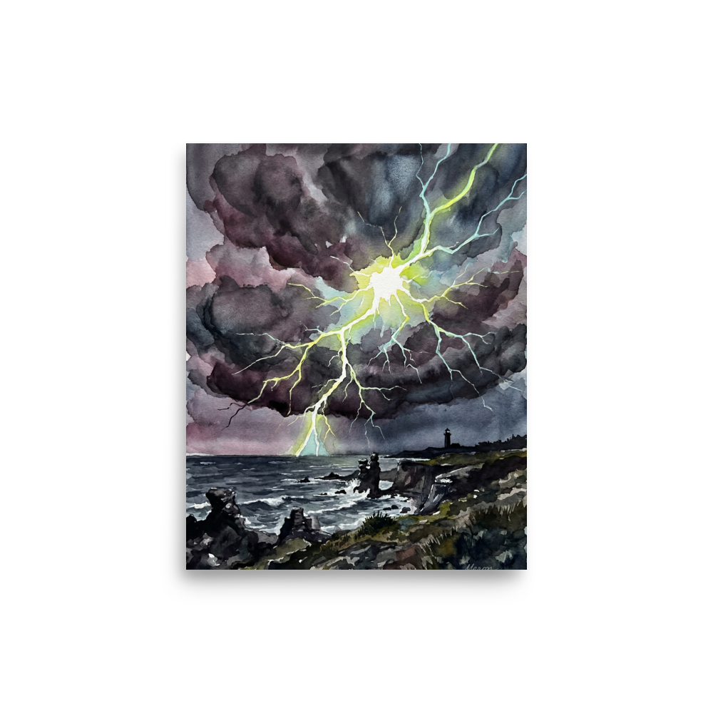 'Coastal Thunderstorm' — a Expressionism print. A watercolor painting of a massive lightning strike illuminating a dark coastal scene and distant lighthouse, perfect for a bold Living Room.