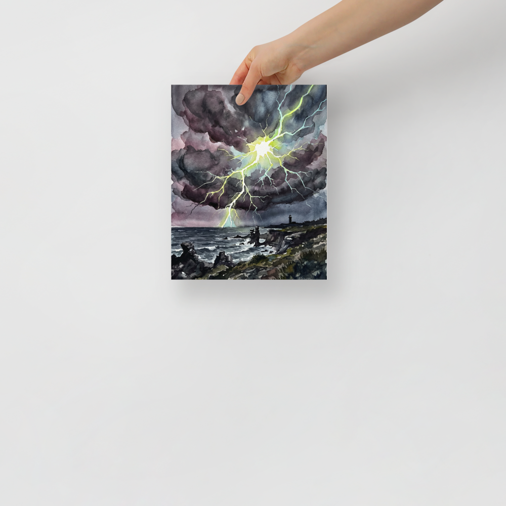 'Coastal Thunderstorm' — a Expressionism print. A watercolor painting of a massive lightning strike illuminating a dark coastal scene and distant lighthouse, perfect for a bold Living Room.