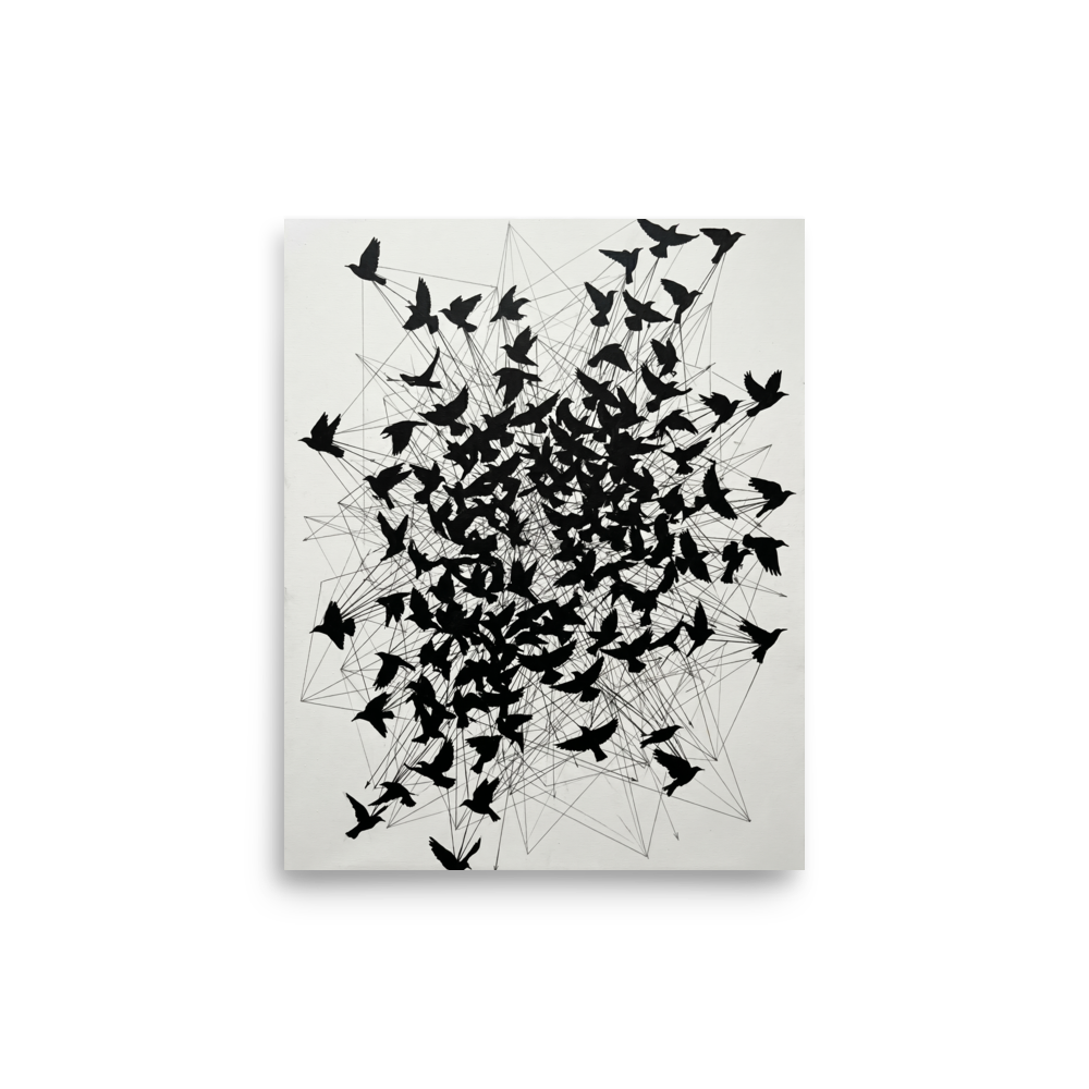 'Avian Network' — a Abstract art print. Abstract black bird silhouettes connected by intersecting lines on a white background, perfect for adding a striking modern touch to a living room.