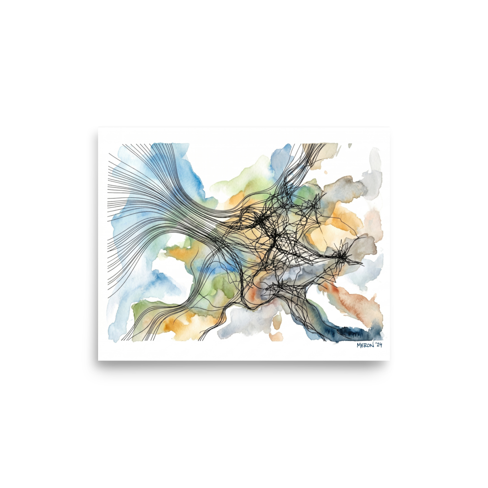 'Tangled Currents' — a Abstract art,Abstract expressionism print. Abstract watercolor painting with soft blue and green washes overlaid by a chaotic tangle of fine black ink lines, ideal for a tranquil bedroom.