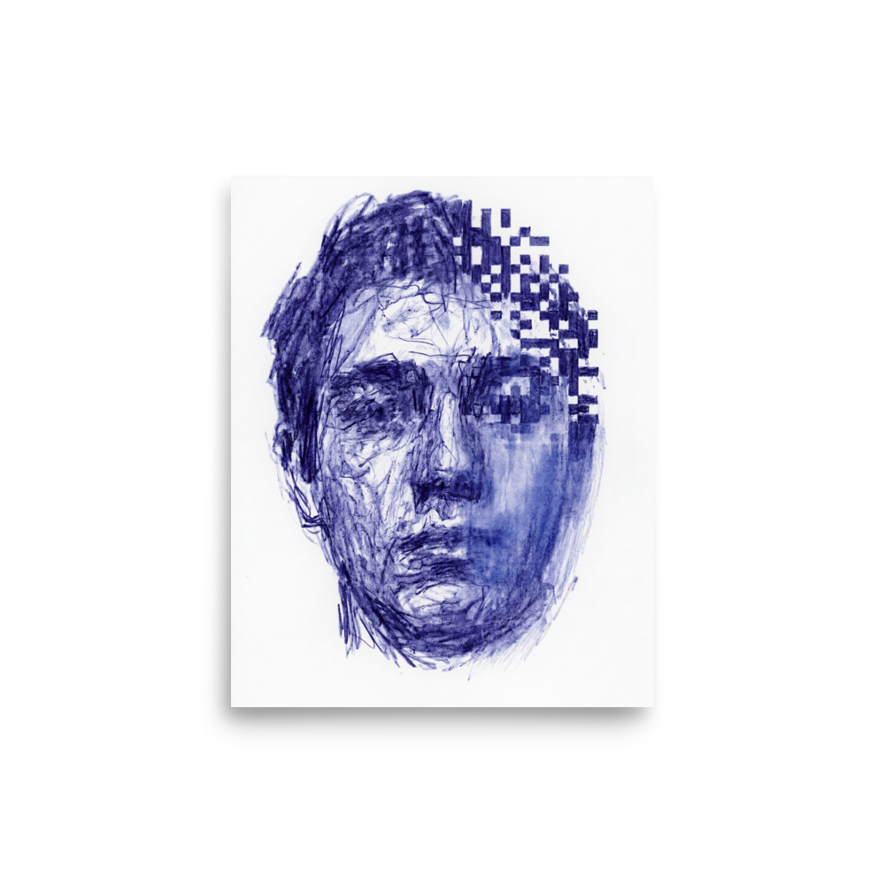 'Digital Dissolution' — a Glitch art,Surrealism print. Surreal blue ink portrait of a face partially disintegrating into digital pixels, a thought-provoking addition to an office or game room.