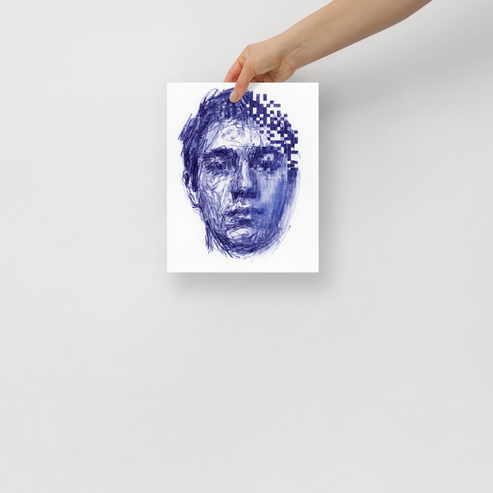 'Digital Dissolution' — a Glitch art,Surrealism print. Surreal blue ink portrait of a face partially disintegrating into digital pixels, a thought-provoking addition to an office or game room.