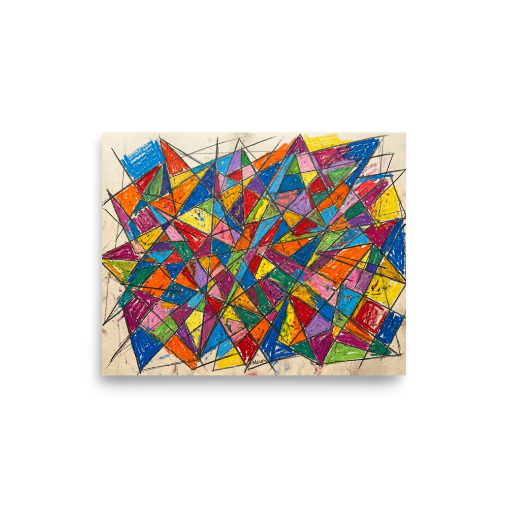 'Prismatic Chaos' — a Geometric abstract art,Cubism print. Brightly colored geometric abstract painting with intersecting triangles and thick black lines, perfect for a lively playroom.