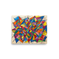 'Prismatic Chaos' — a Geometric abstract art,Cubism print. Brightly colored geometric abstract painting with intersecting triangles and thick black lines, perfect for a lively playroom.