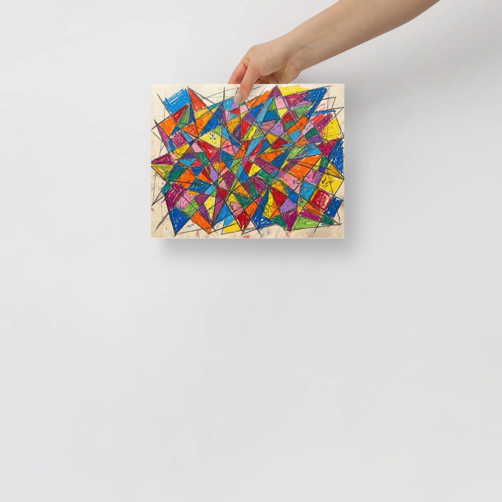 'Prismatic Chaos' — a Geometric abstract art,Cubism print. Brightly colored geometric abstract painting with intersecting triangles and thick black lines, perfect for a lively playroom.