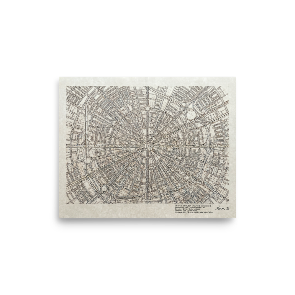 'Optimal Gridlock' — a Conceptual art,Precisionism print. Intricate hand-drawn circular city map with radiating streets, an absorbing architectural piece perfect for an office or library.