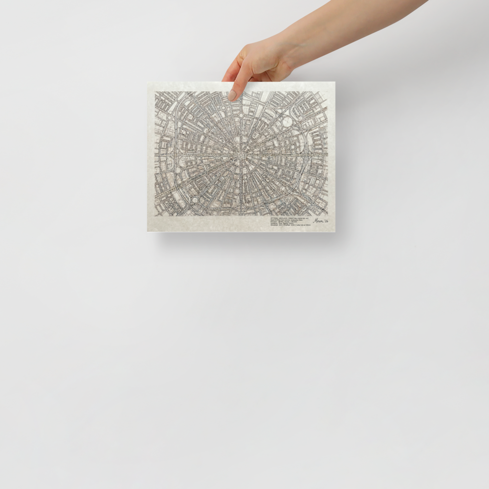 'Optimal Gridlock' — a Conceptual art,Precisionism print. Intricate hand-drawn circular city map with radiating streets, an absorbing architectural piece perfect for an office or library.