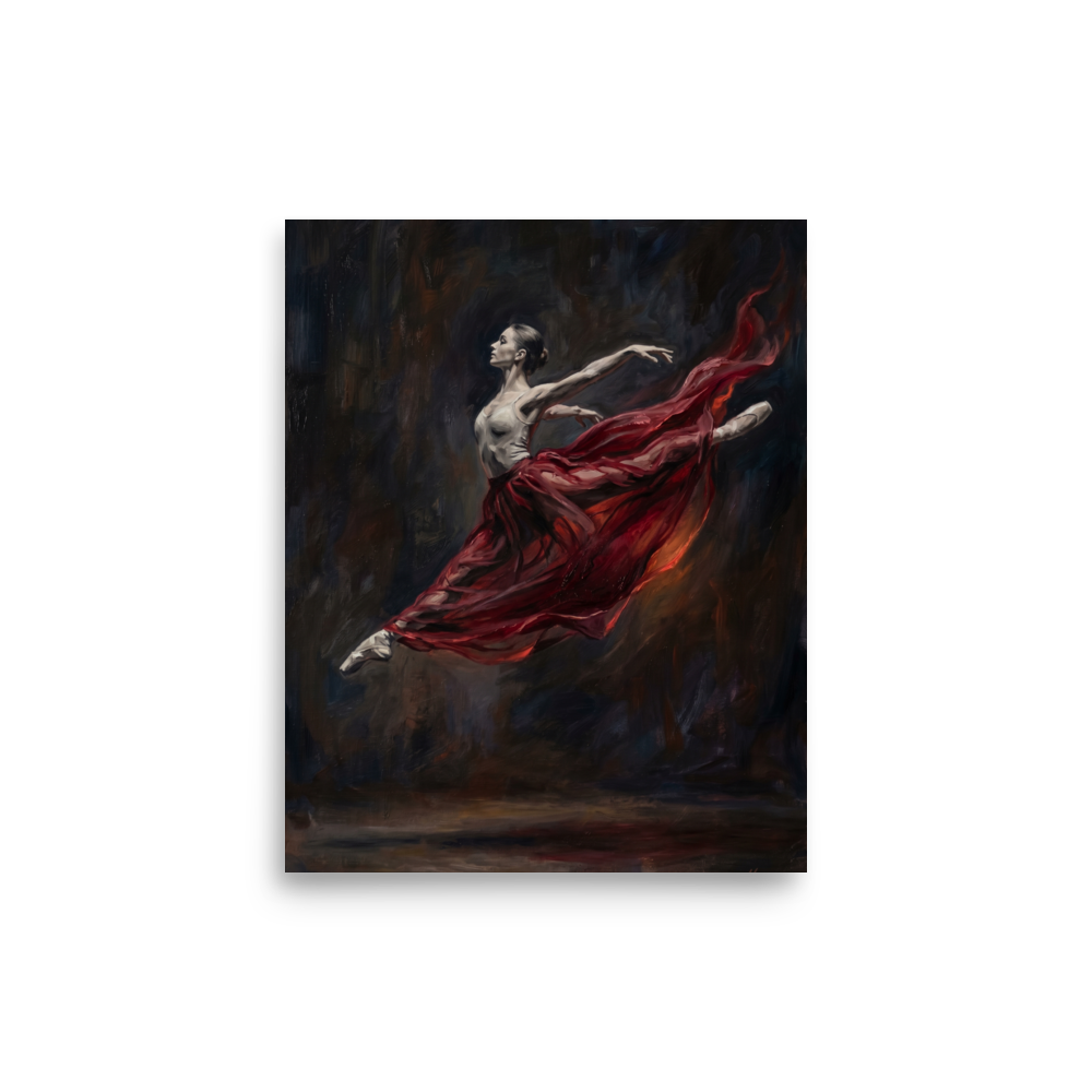 'Crimson Leap' — a Classical Realism,Romanticism print. Classical oil painting of a leaping ballerina with a flowing red skirt against a dark background, an elegant piece for a bedroom or living room.