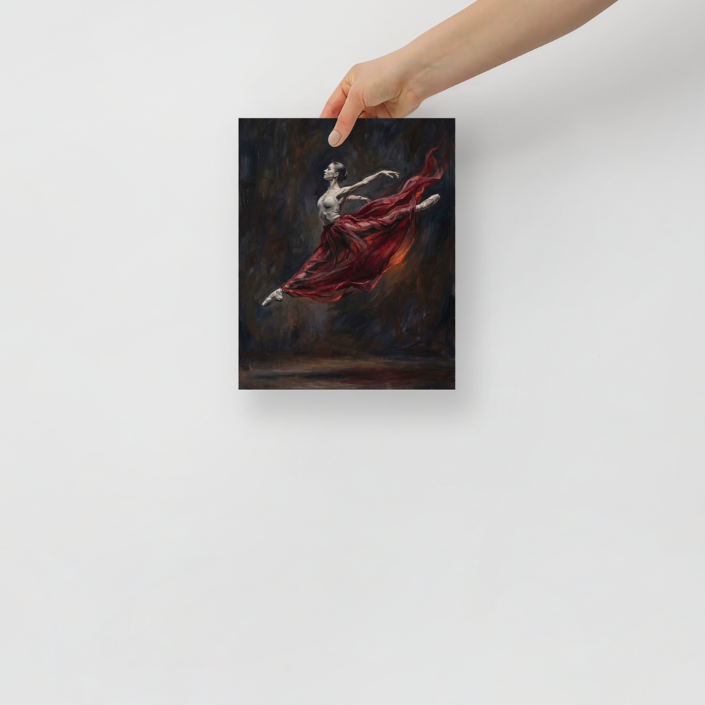'Crimson Leap' — a Classical Realism,Romanticism print. Classical oil painting of a leaping ballerina with a flowing red skirt against a dark background, an elegant piece for a bedroom or living room.