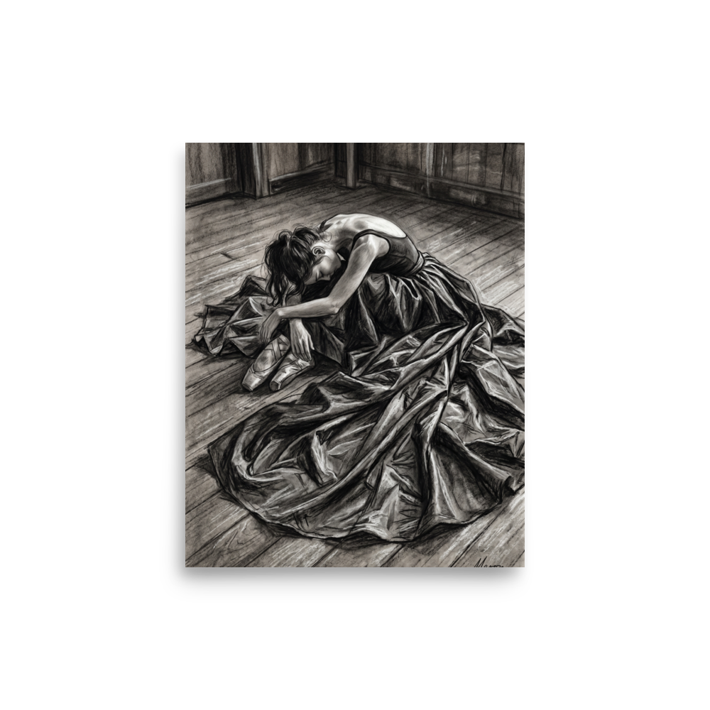 'Quiet Exhaustion' — a Realism,Figurative art print. Emotional charcoal drawing of an exhausted ballerina resting on a wooden floor, a moving artwork suitable for a bedroom or studio.