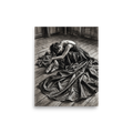 'Quiet Exhaustion' — a Realism,Figurative art print. Emotional charcoal drawing of an exhausted ballerina resting on a wooden floor, a moving artwork suitable for a bedroom or studio.