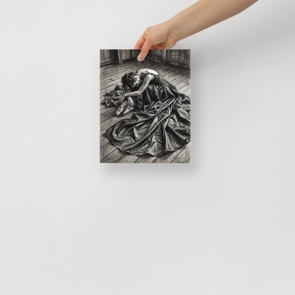 'Quiet Exhaustion' — a Realism,Figurative art print. Emotional charcoal drawing of an exhausted ballerina resting on a wooden floor, a moving artwork suitable for a bedroom or studio.