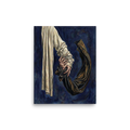 'Tethered Grasp' — a Realism,Surrealism print. Detailed oil painting of two hands gripping light and dark fabric against a dark blue background, an intense and emotional artwork.