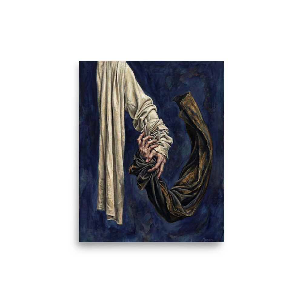 'Tethered Grasp' — a Realism,Surrealism print. Detailed oil painting of two hands gripping light and dark fabric against a dark blue background, an intense and emotional artwork.