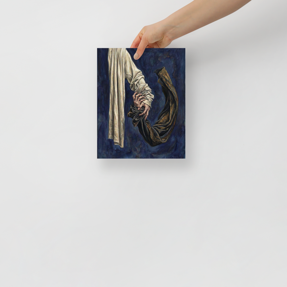 'Tethered Grasp' — a Realism,Surrealism print. Detailed oil painting of two hands gripping light and dark fabric against a dark blue background, an intense and emotional artwork.