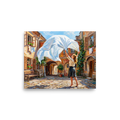 'The White Sheet' — a Impressionism print. A barefoot woman in a skirt hangs a large white sheet in a sunlit cobblestone courtyard, a perfect piece for a sunny kitchen or laundry room.