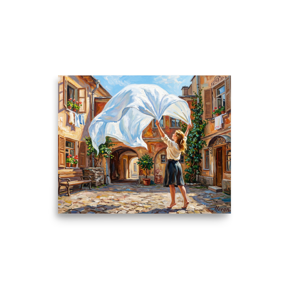 'The White Sheet' — a Impressionism print. A barefoot woman in a skirt hangs a large white sheet in a sunlit cobblestone courtyard, a perfect piece for a sunny kitchen or laundry room.
