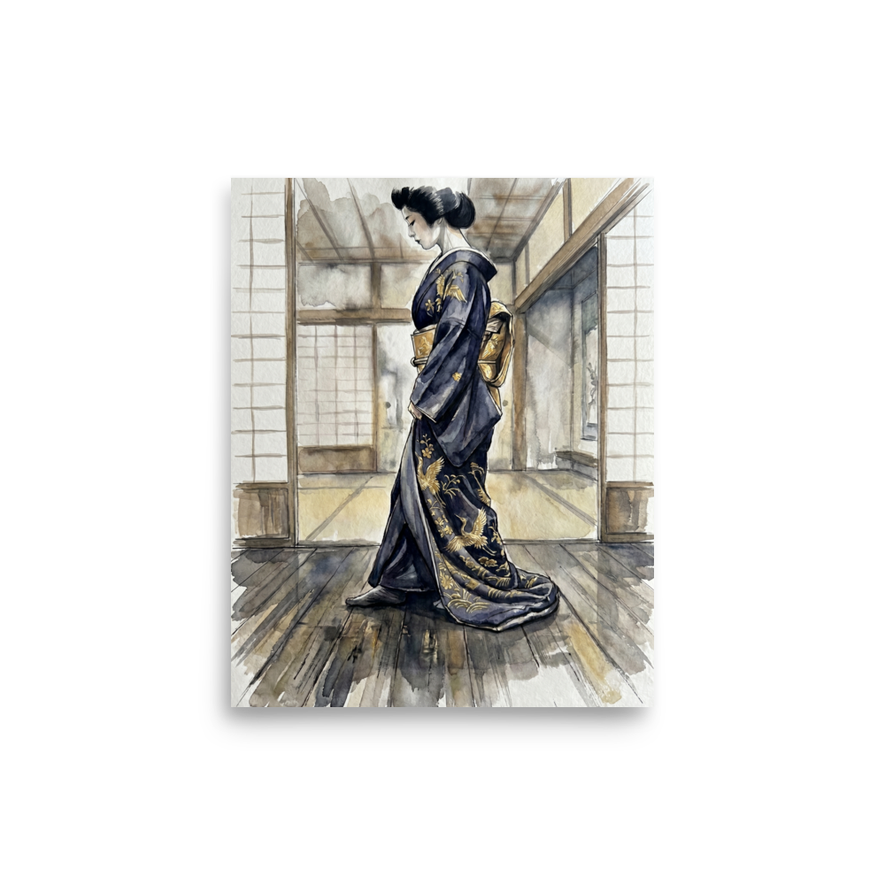 'The Golden Crane Kimono' — a Japanese art print. A woman wearing a dark blue kimono adorned with golden cranes stands in a traditional Japanese room, perfect for adding elegance to a bedroom or living room.
