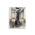'The Golden Crane Kimono' — a Japanese art print. A woman wearing a dark blue kimono adorned with golden cranes stands in a traditional Japanese room, perfect for adding elegance to a bedroom or living room.