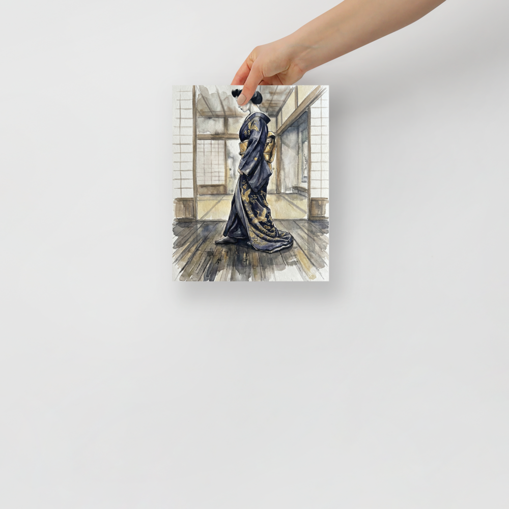 'The Golden Crane Kimono' — a Japanese art print. A woman wearing a dark blue kimono adorned with golden cranes stands in a traditional Japanese room, perfect for adding elegance to a bedroom or living room.
