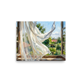 'The Open Window' — a Impressionism,Plein Air print. Sheer white curtains blow in the breeze through an open wooden window looking out onto a lush green garden, perfect for a sunny bedroom or sunroom.