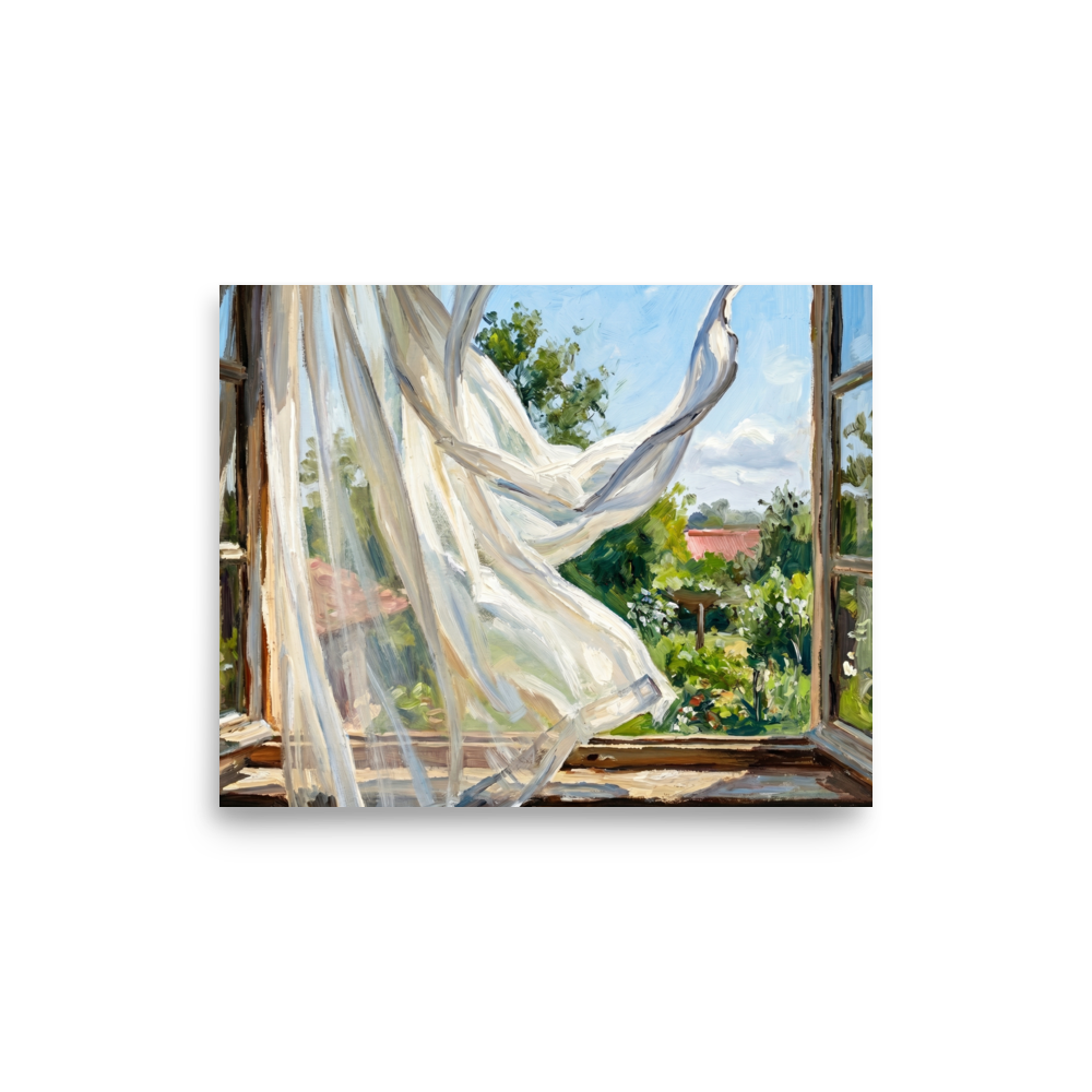 'The Open Window' — a Impressionism,Plein Air print. Sheer white curtains blow in the breeze through an open wooden window looking out onto a lush green garden, perfect for a sunny bedroom or sunroom.