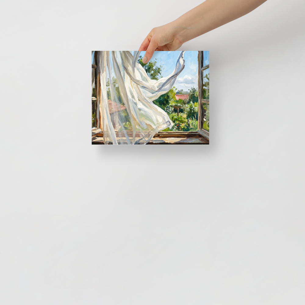 'The Open Window' — a Impressionism,Plein Air print. Sheer white curtains blow in the breeze through an open wooden window looking out onto a lush green garden, perfect for a sunny bedroom or sunroom.