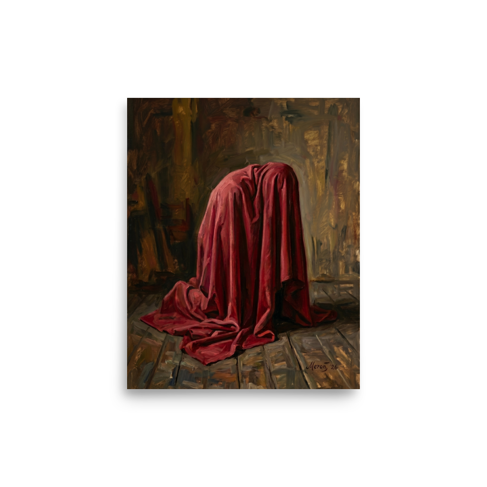 'The Red Drape' — a Baroque,Realism print. A mysterious figure completely covered in a heavy red drape kneels on a wooden floor in a dark room, adding dramatic tension to a study or living room.