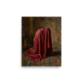 'The Red Drape' — a Baroque,Realism print. A mysterious figure completely covered in a heavy red drape kneels on a wooden floor in a dark room, adding dramatic tension to a study or living room.