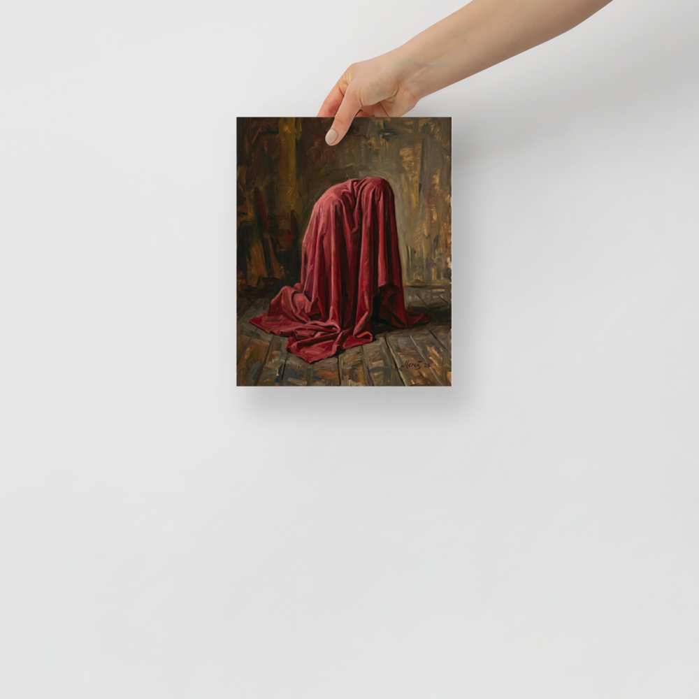 'The Red Drape' — a Baroque,Realism print. A mysterious figure completely covered in a heavy red drape kneels on a wooden floor in a dark room, adding dramatic tension to a study or living room.