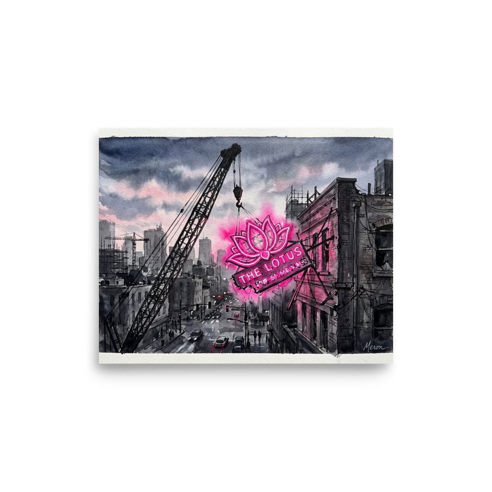 'The Lotus Sign' — a Realism,Street art print. A glowing pink neon lotus sign stands out against a grayscale watercolor cityscape with a construction crane, perfect for a modern office or living room.